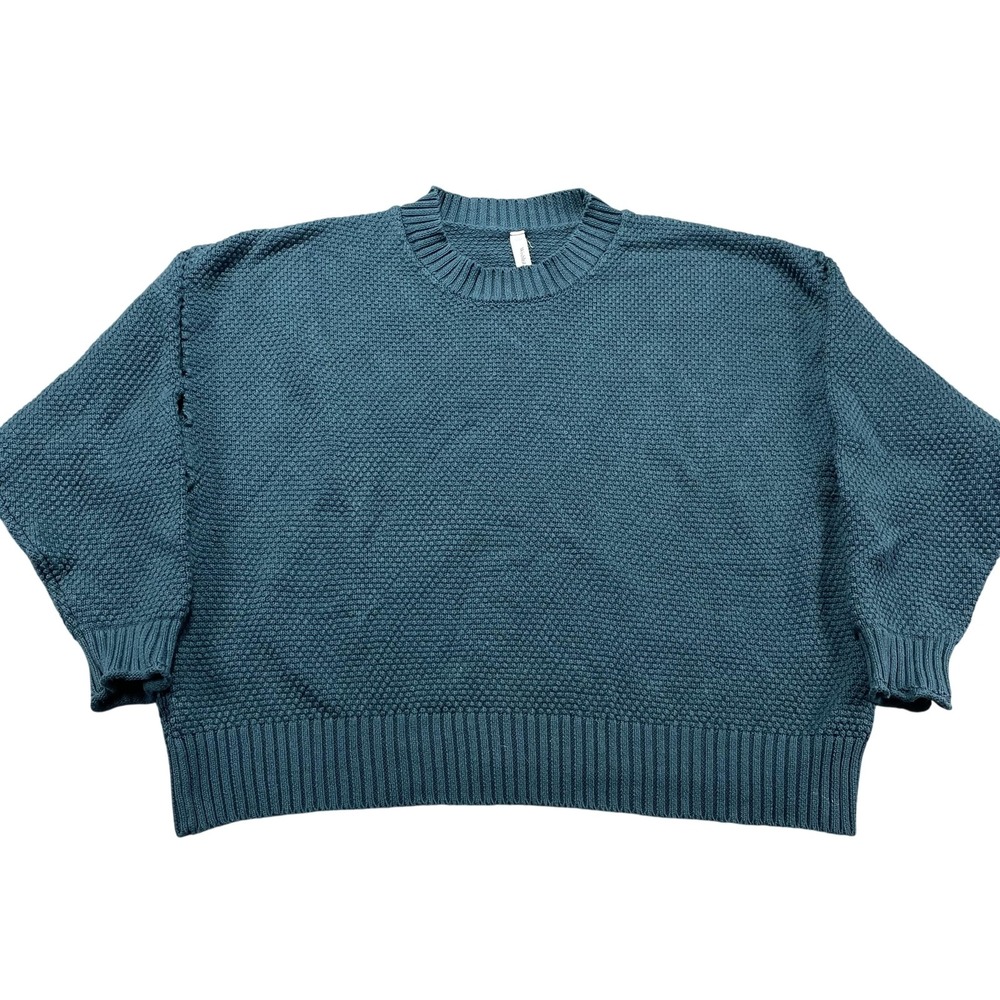Wishlist Womens Blue Waffle Knit Crewneck Pullover Sweater Small Boxy Relaxed